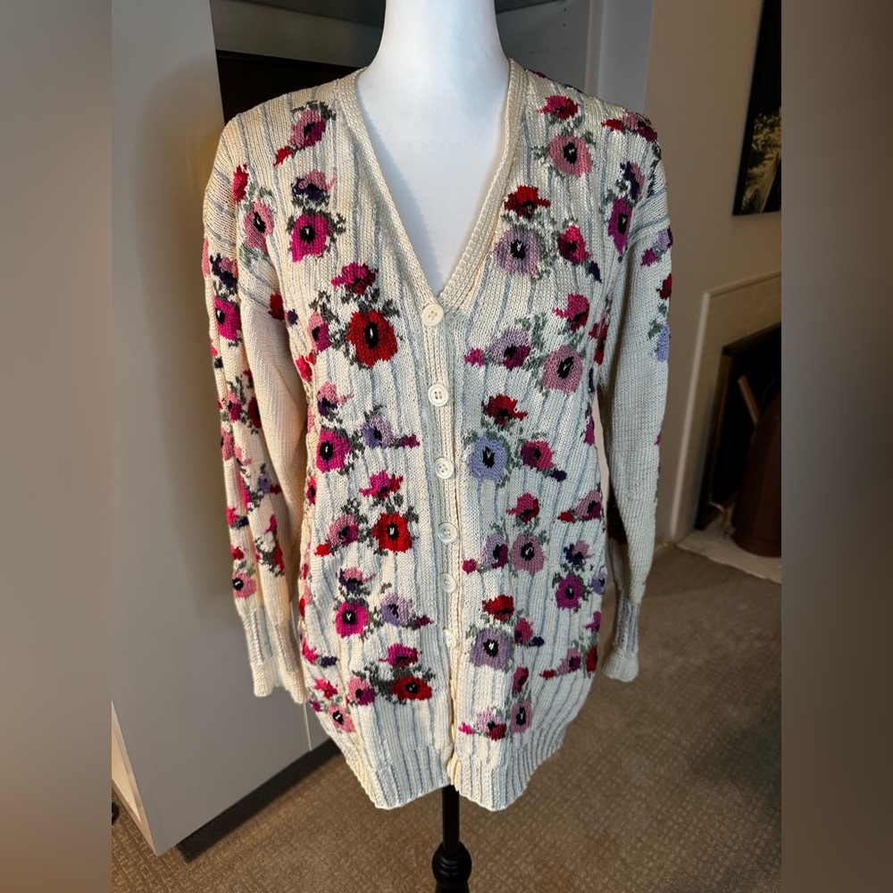 Susan Duckworth Hand Knit Floral Cardigan|Made in England|Artisan Wool Blend